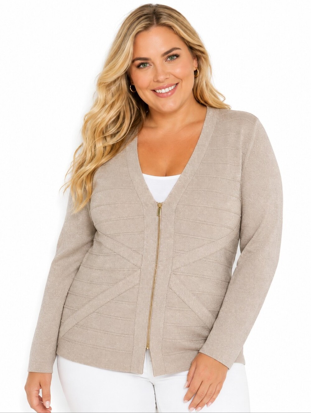 Lane Bryant Metallic Gold Shimmer Zip Front Cardigan Sweater Jacket Size 18/20